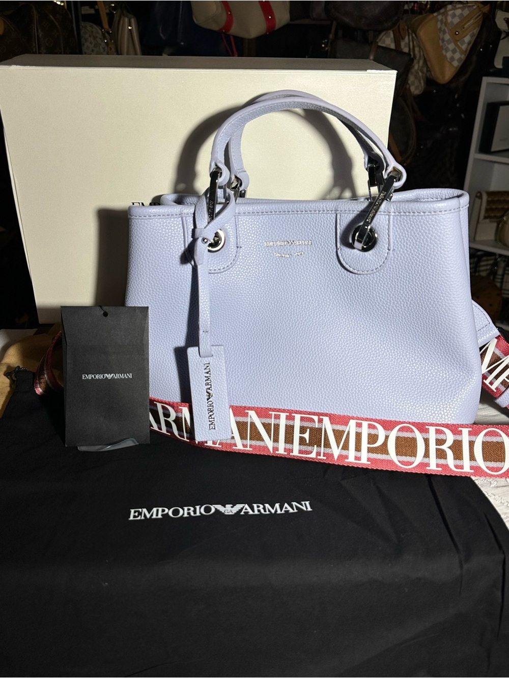 Emporio Armani Light Lavender Pebbled Leather Satchel with Branded Strap